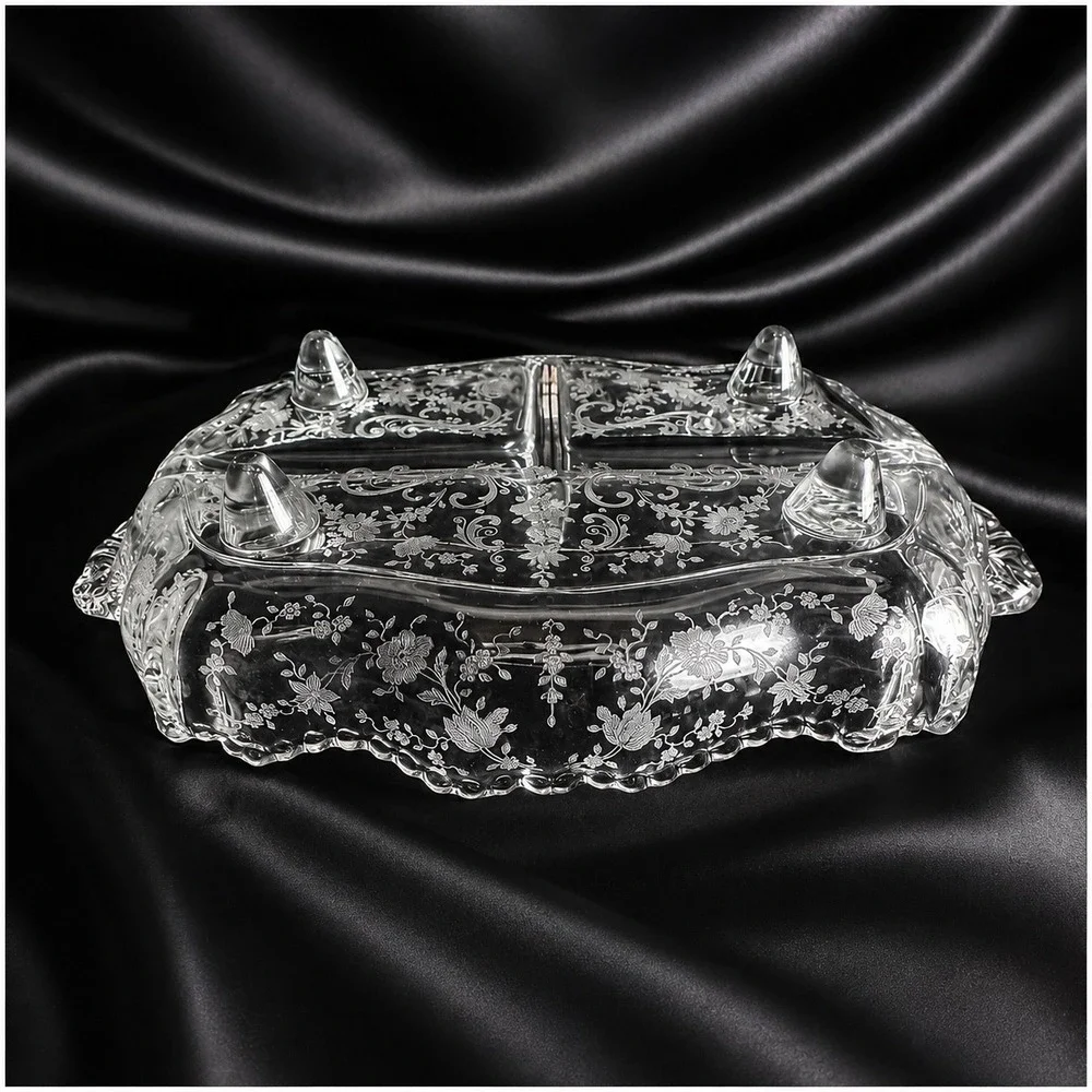 Cambridge Diane Etched Crystal 3 Part Relish Dish 4 Footed 12.5